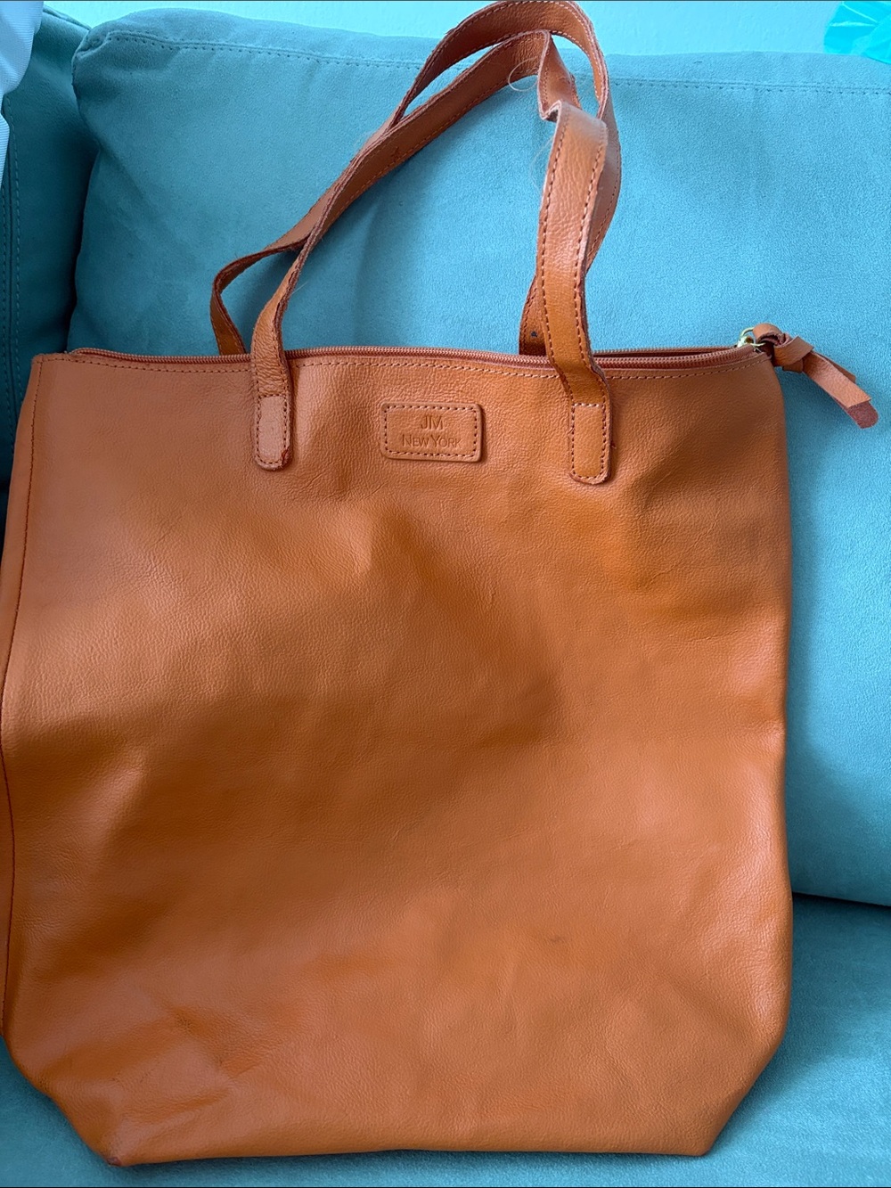 Orange Leather Tote Bag with Top Zip